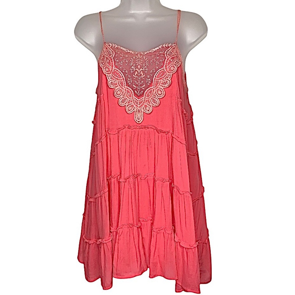 Maddy K Embroidered Lace Mesh Tiered Ruffle Mini Tunic Dress Coral Boho Beach - Picture 3 of 16